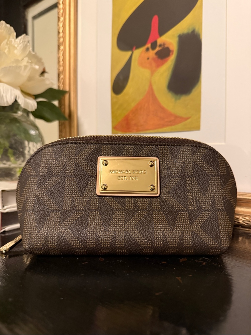 Michael Kors Brown Cosmetic Pouch with Gold Plate NWOT